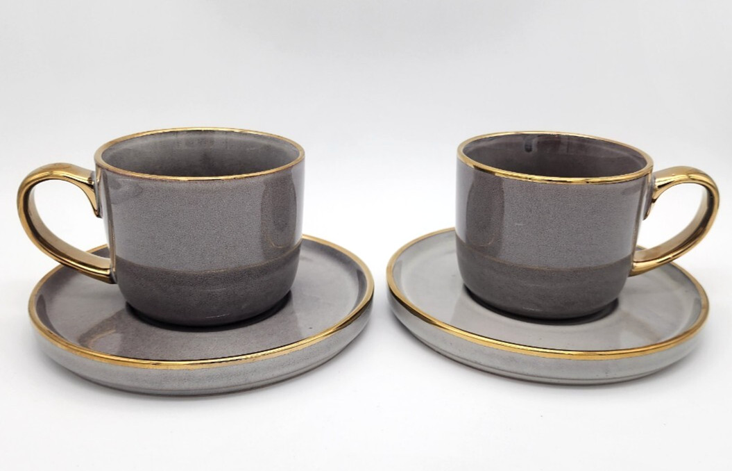 American Atelier Gold Rimmed Teacup and Saucer, Set of 2 | 7.6 Oz Ceramic Cappuc