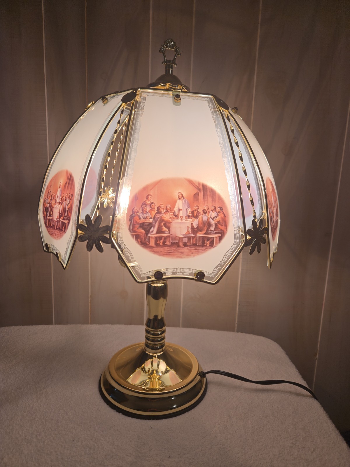 VTG KOK Lighting Glass Touch Lamp Jesus Last Supper 6 Panels Gold Painted 18in 