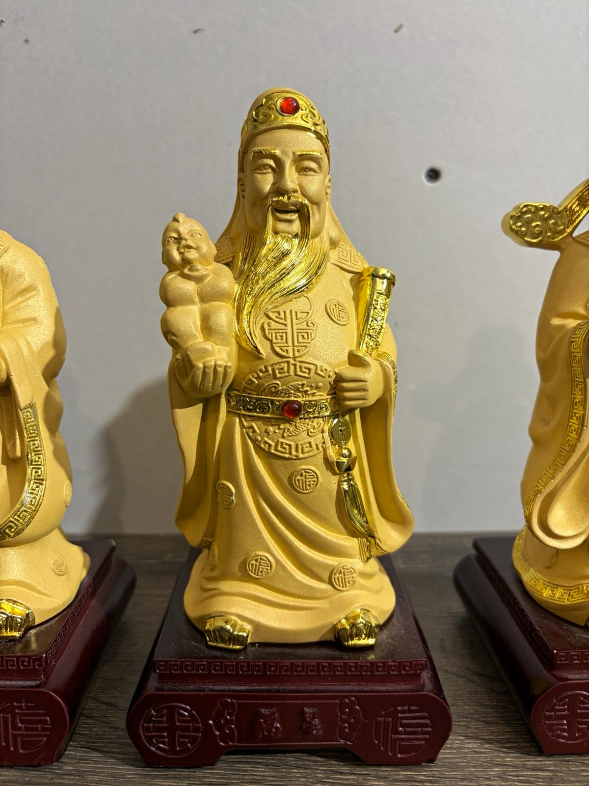 Chinese Fu Lu Shou Sanxing Three Star Gods Statue Set of 3 Gold Feng Shui 8”