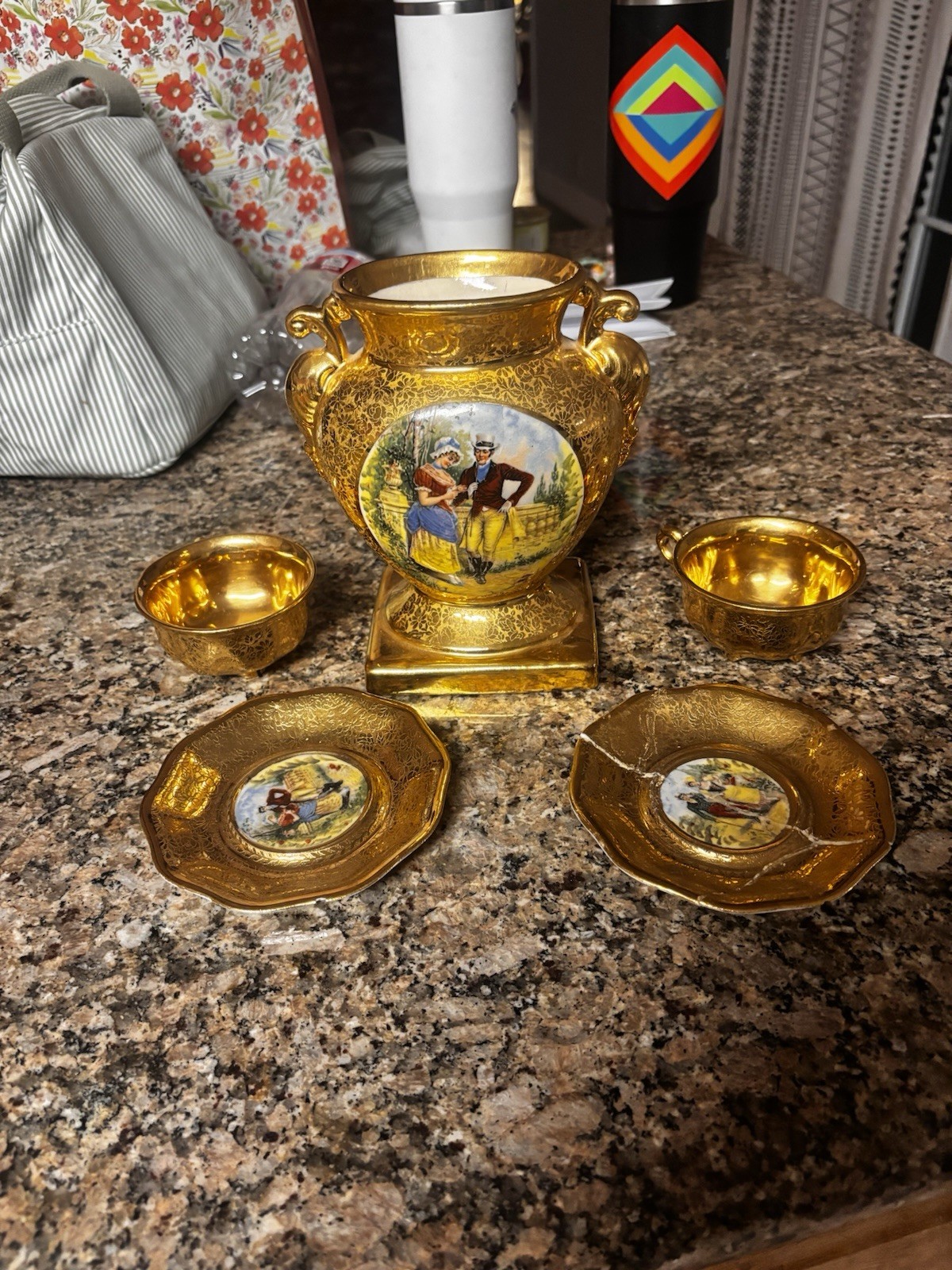 Rare vintage Osborne China hand painted 22 K Gold vase Cups And Saucers