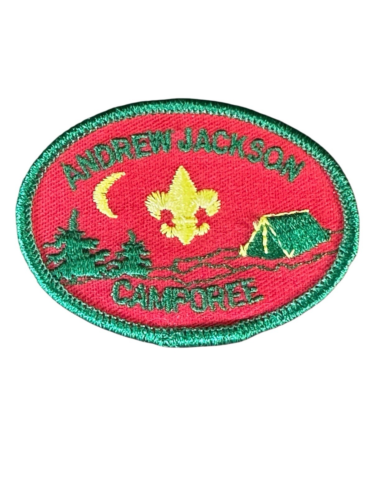 Vintage Andrew Jackson BSA Camporee Patch Red Oval with Tent & Moon Design