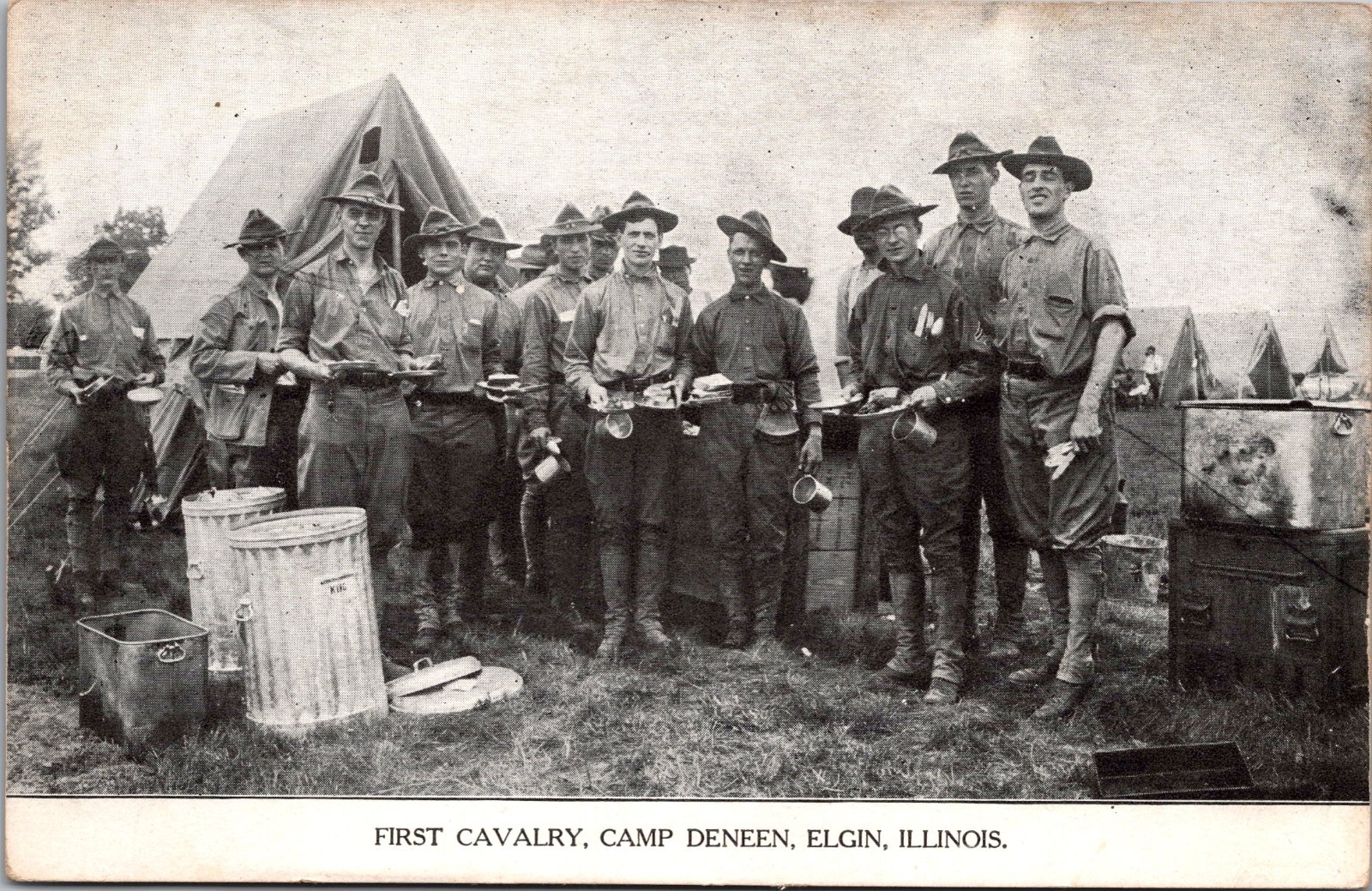 WW1 Postcard - First Cavalry Mess Tent, Chow Time - Camp Deneen, Elgin IL