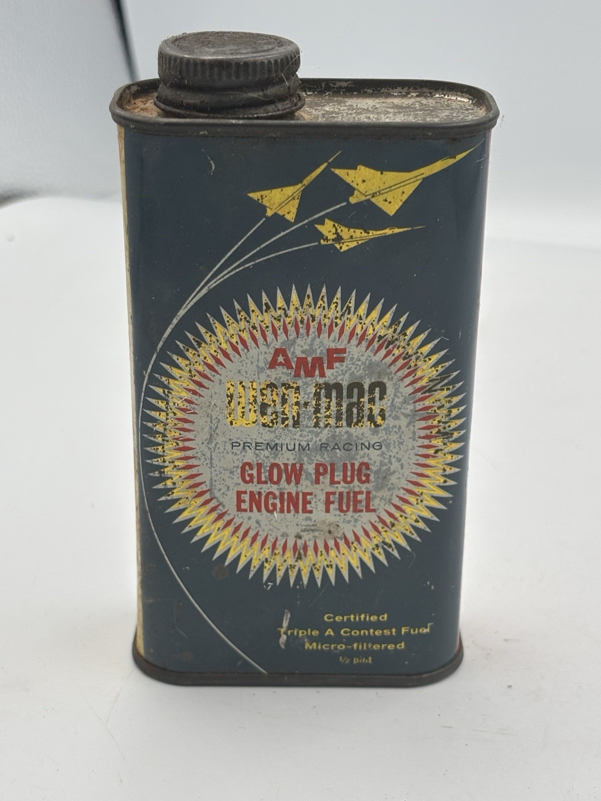 Vintage 1959-63 AMF Wen-Mac Glow Plug Model Airplane Fuel Can 1/2 Pint