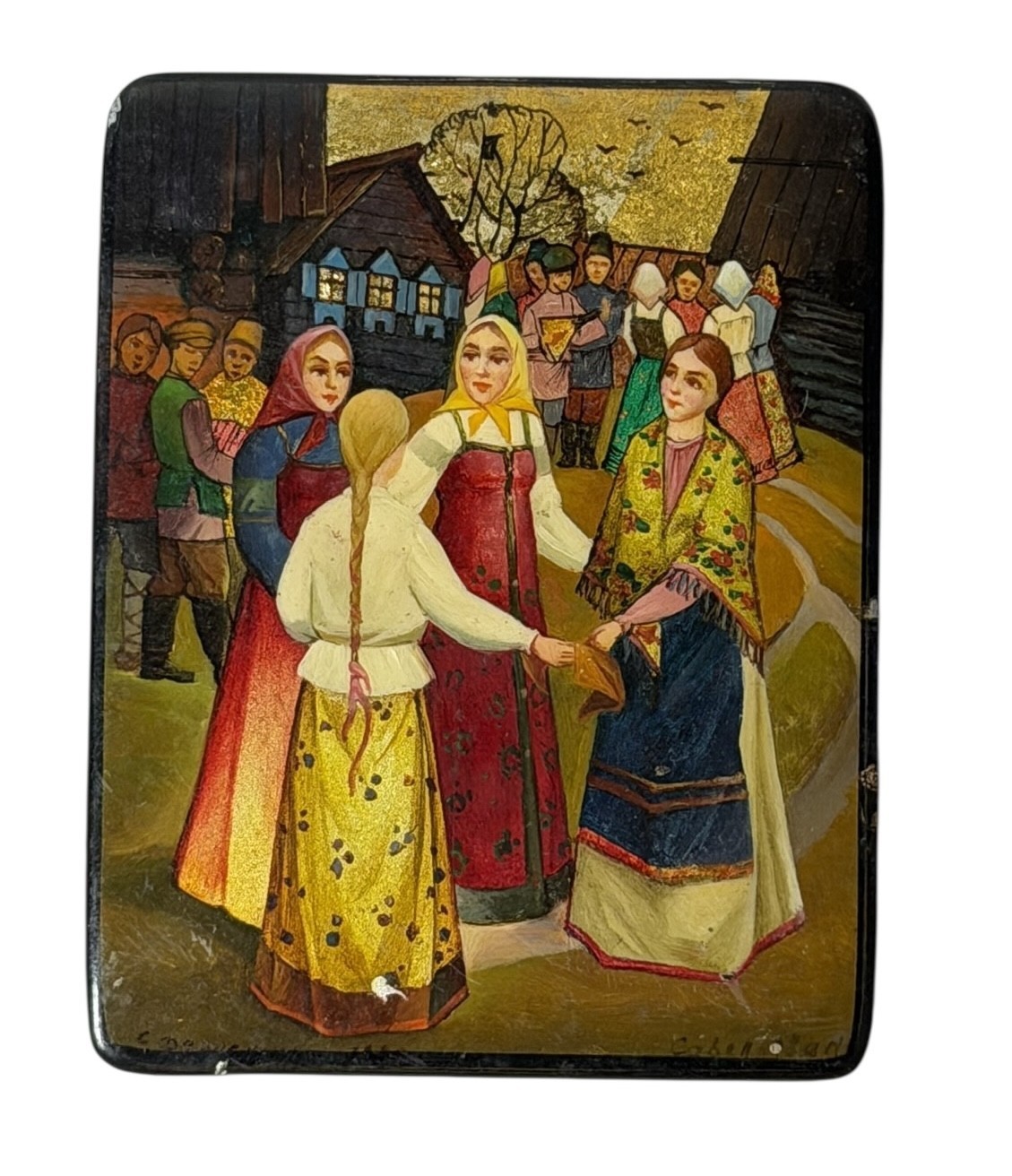 Vintage Russian Hand-Painted Lacquer Panel with Village Scene Vintage Russian Hand-Painted Lacquer Panel with Village Scene