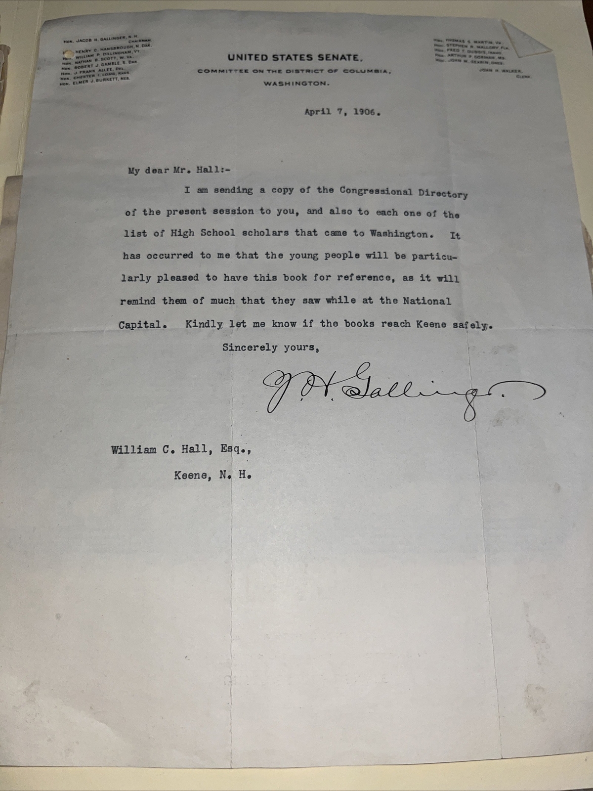 Signed 1906 Letter - United States Senate New Hampshire Senator Jacob Gallinger