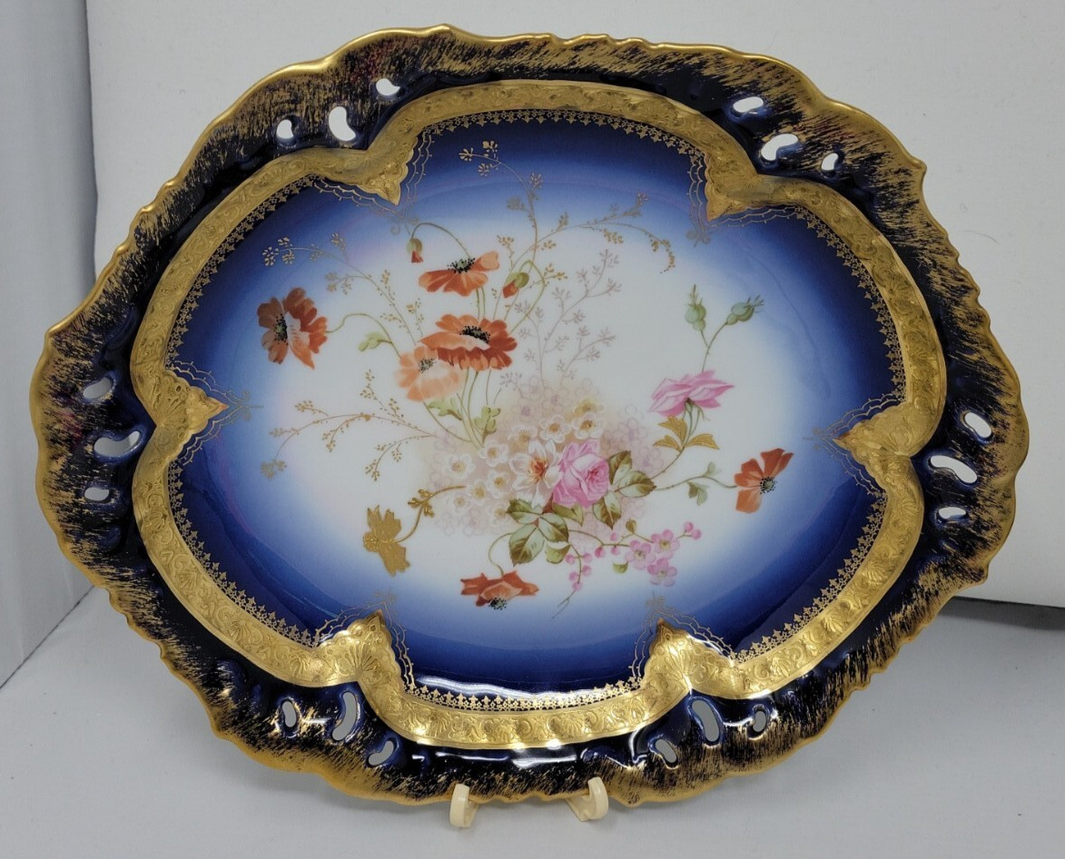 Antique SALVIATI VENEZIA Limoges Dish Poppies and Roses 10 x 8 1/2