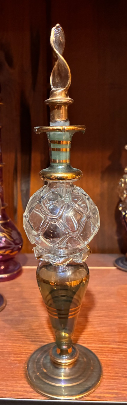 VTG Hand Blown Engraved Beautiful Islamic Gold Glass Perfume Bottle w/ Stopper