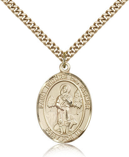 Saint Isidore The Farmer Medal For Men - Gold Filled Necklace On 24 Chain - ...