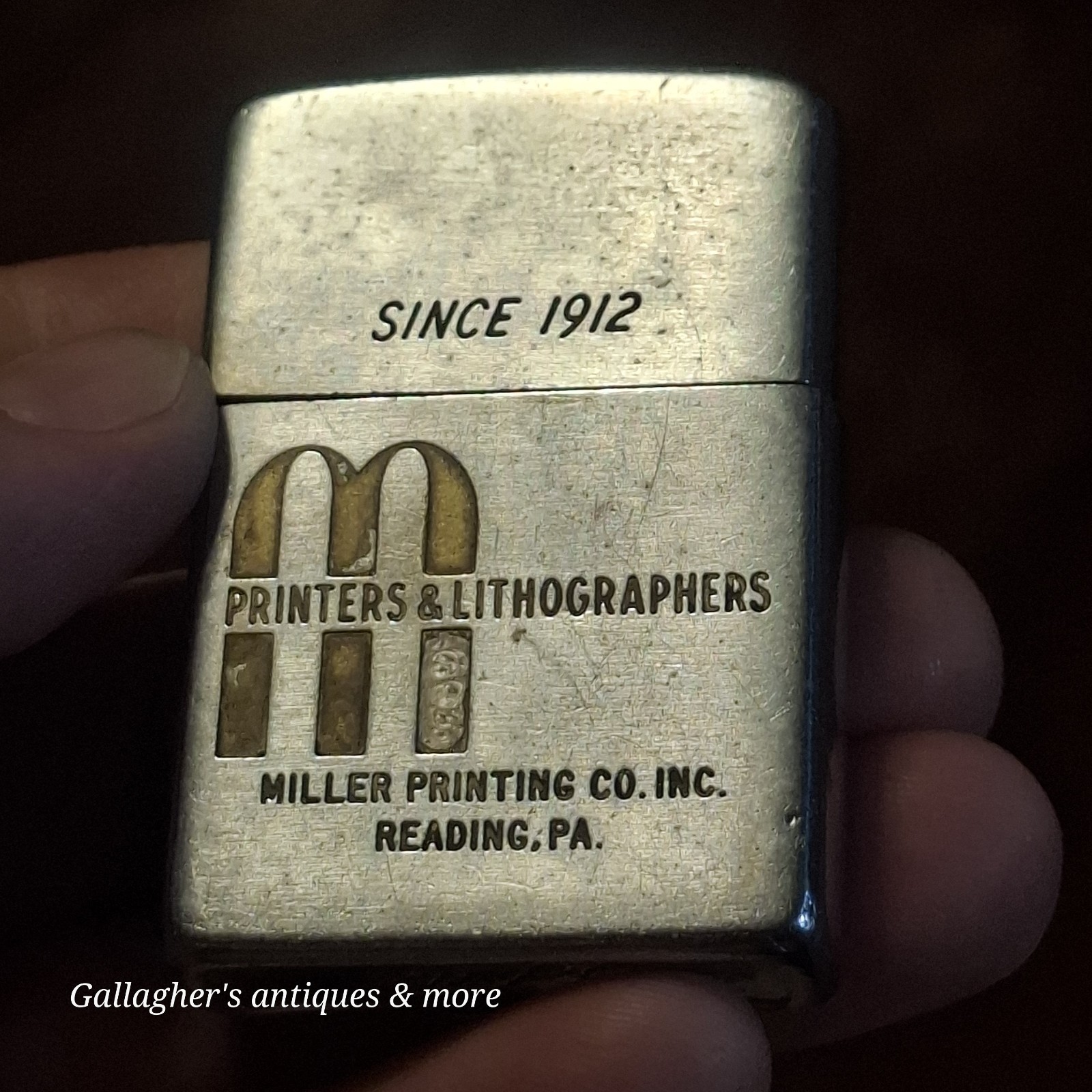 Vtg 1950s Zippo Lighter Miller Printing Co Reading PA Pat 2517191 Advertisint