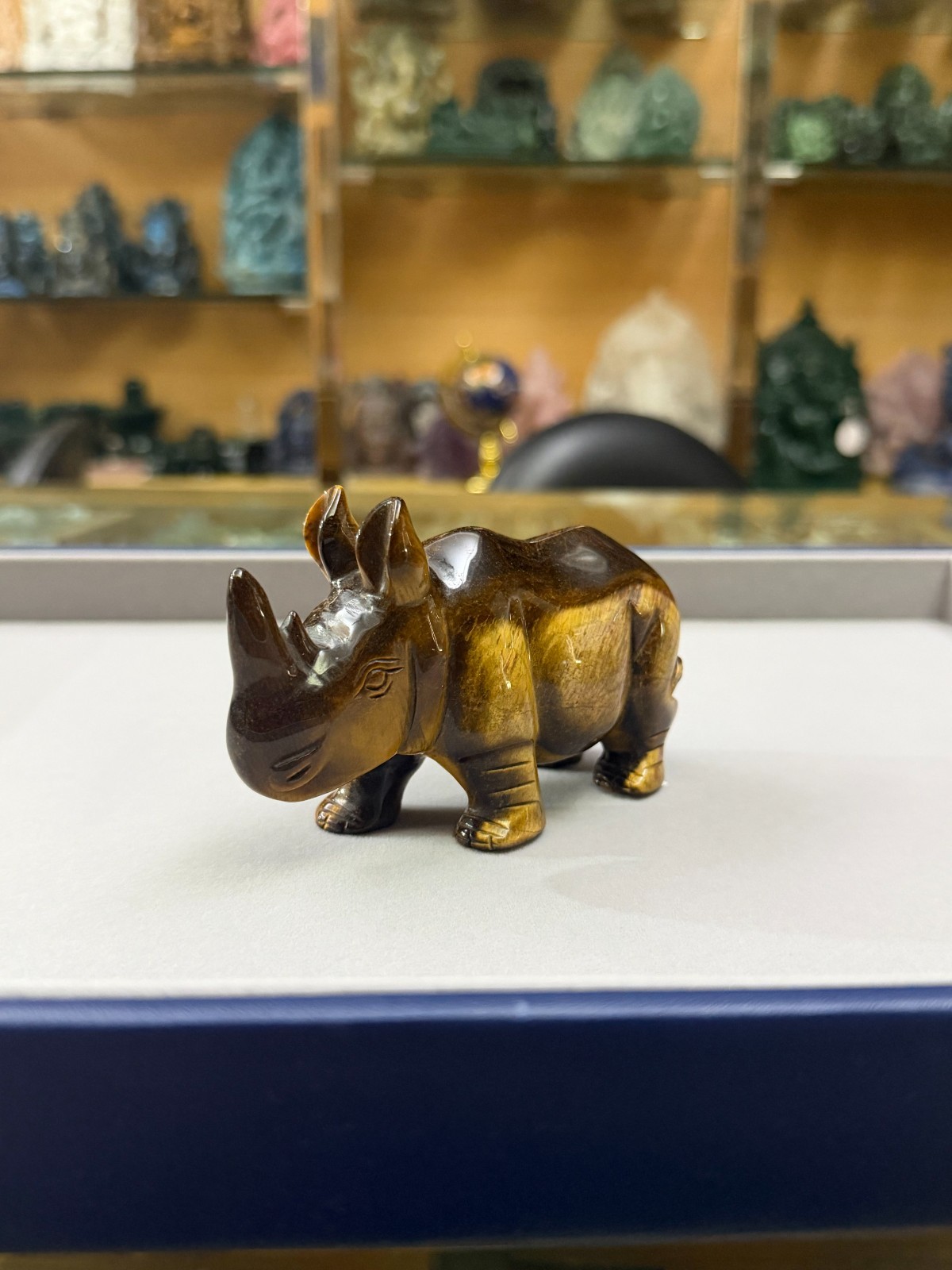 Tiger Eye Rhinoceros Figurine Gemstone Rhino Stone Animal Sculpture 350g