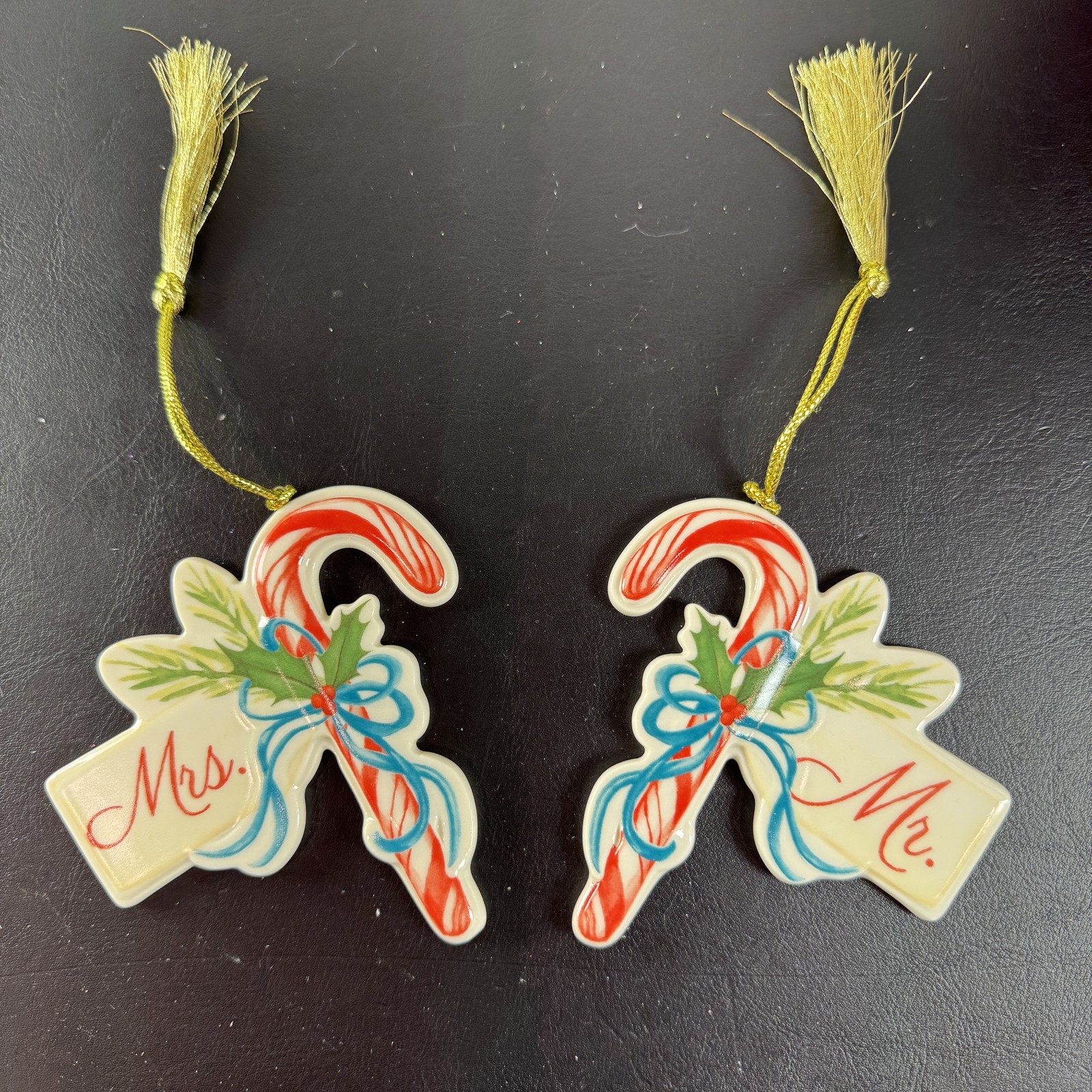 Lenox Mr & Mrs Candy Cane Christmas Ornaments Set of 2 Ivory Porcelain 3.75