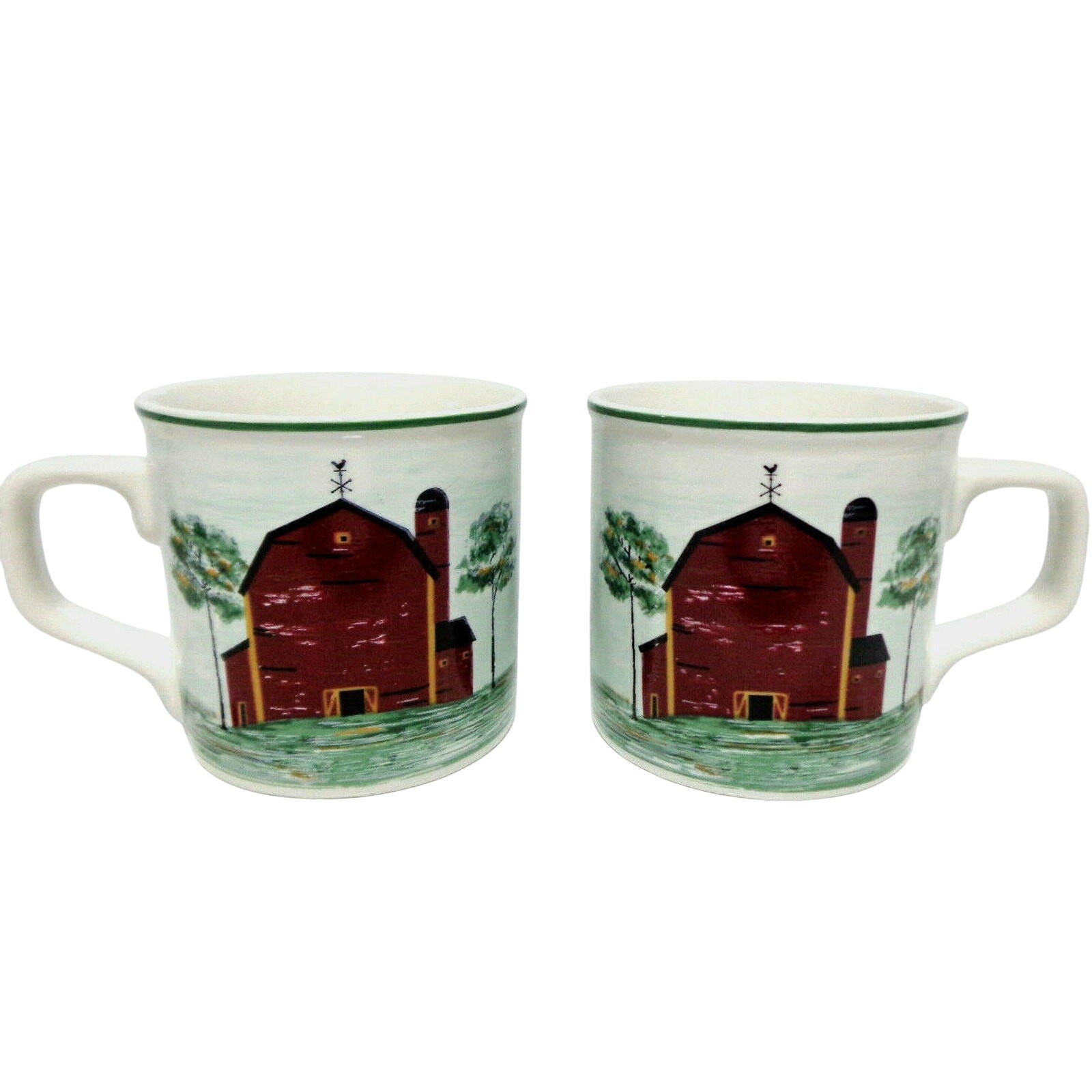 Tienshan Stoneware Coffee Mugs 2 Farm House Prairie Red Barn 14oz Tea Cups New