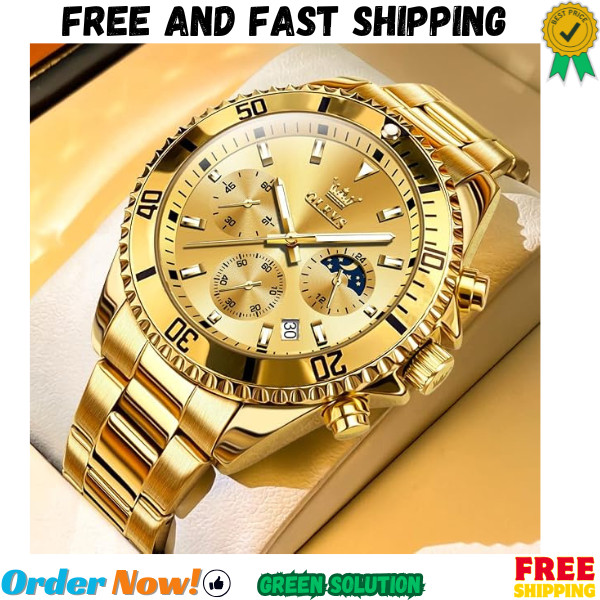 OLEVS Men's Stainless Steel Watch Fashion Luxury Big Face Analog Quartz Waterpro