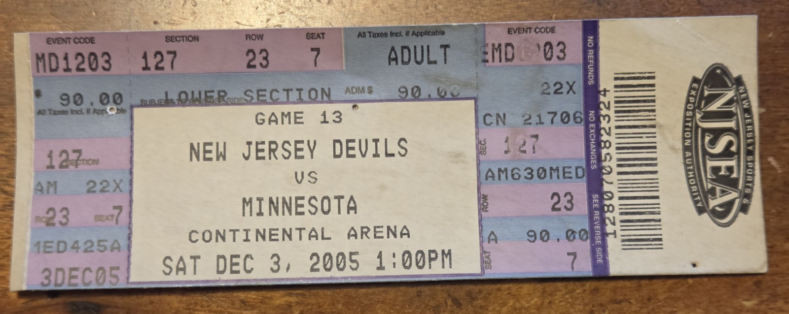 2005 New Jersey Devils vs Minnesota Wild Ticket Game Stub 12/3/05 Shootout Win