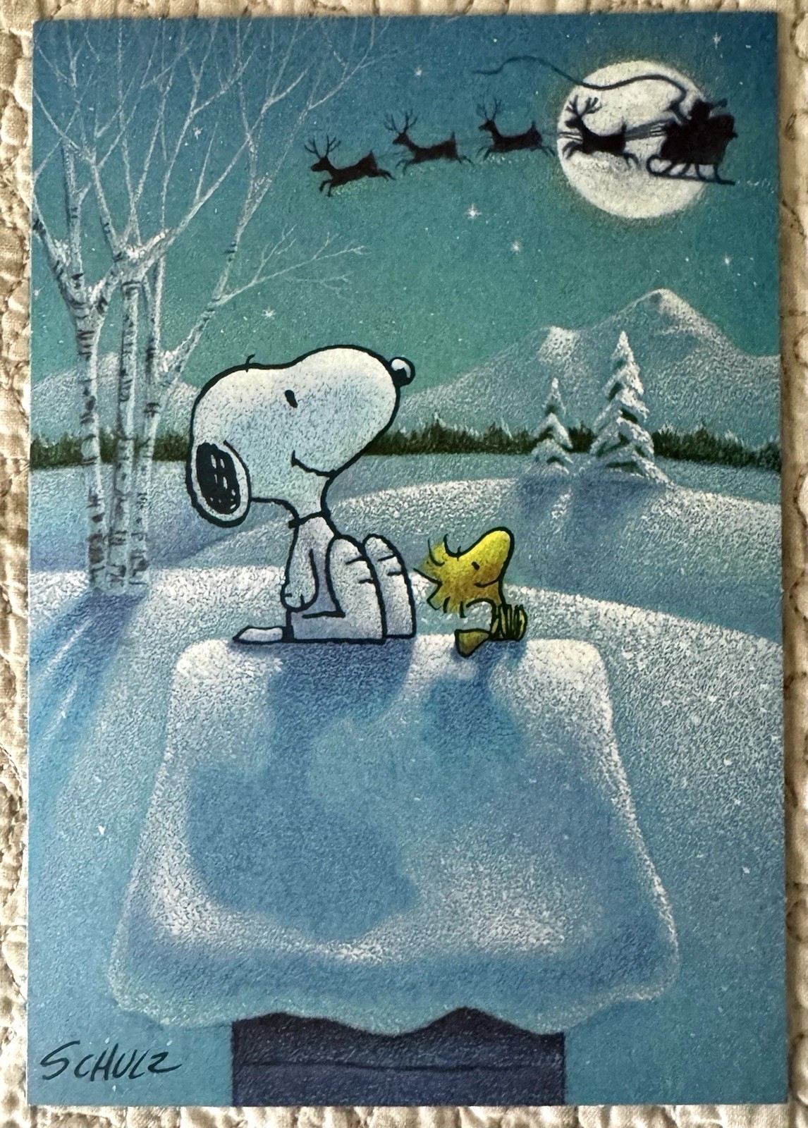 Unused Christmas Snoopy Woodstock Santa Sky Snow Peanuts Vtg Greeting Card 1970s