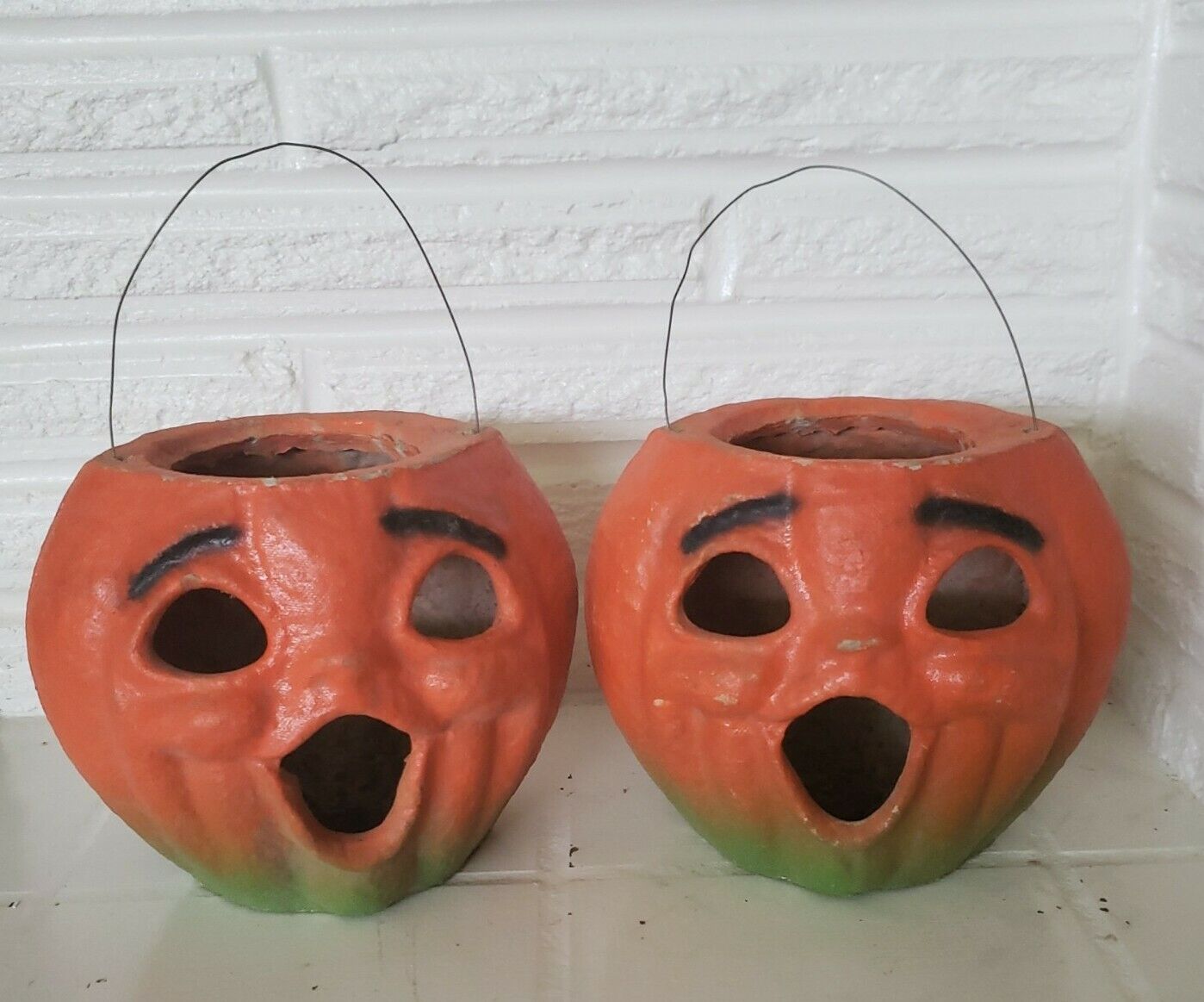 2 Vtg pulp Halloween Paper Mache Pumpkins Jack-O-Lantern Candy Basket 1940\'s lot