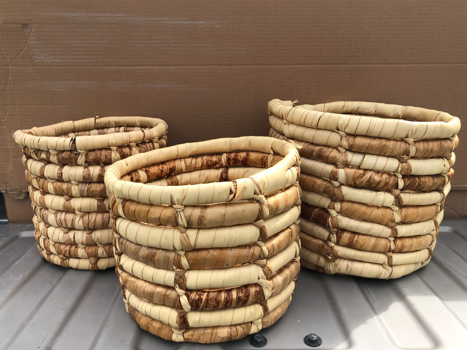 Vintage RATTAN Baskets Hand Made Palm Leaf/Banana Leaf Woven Baskets