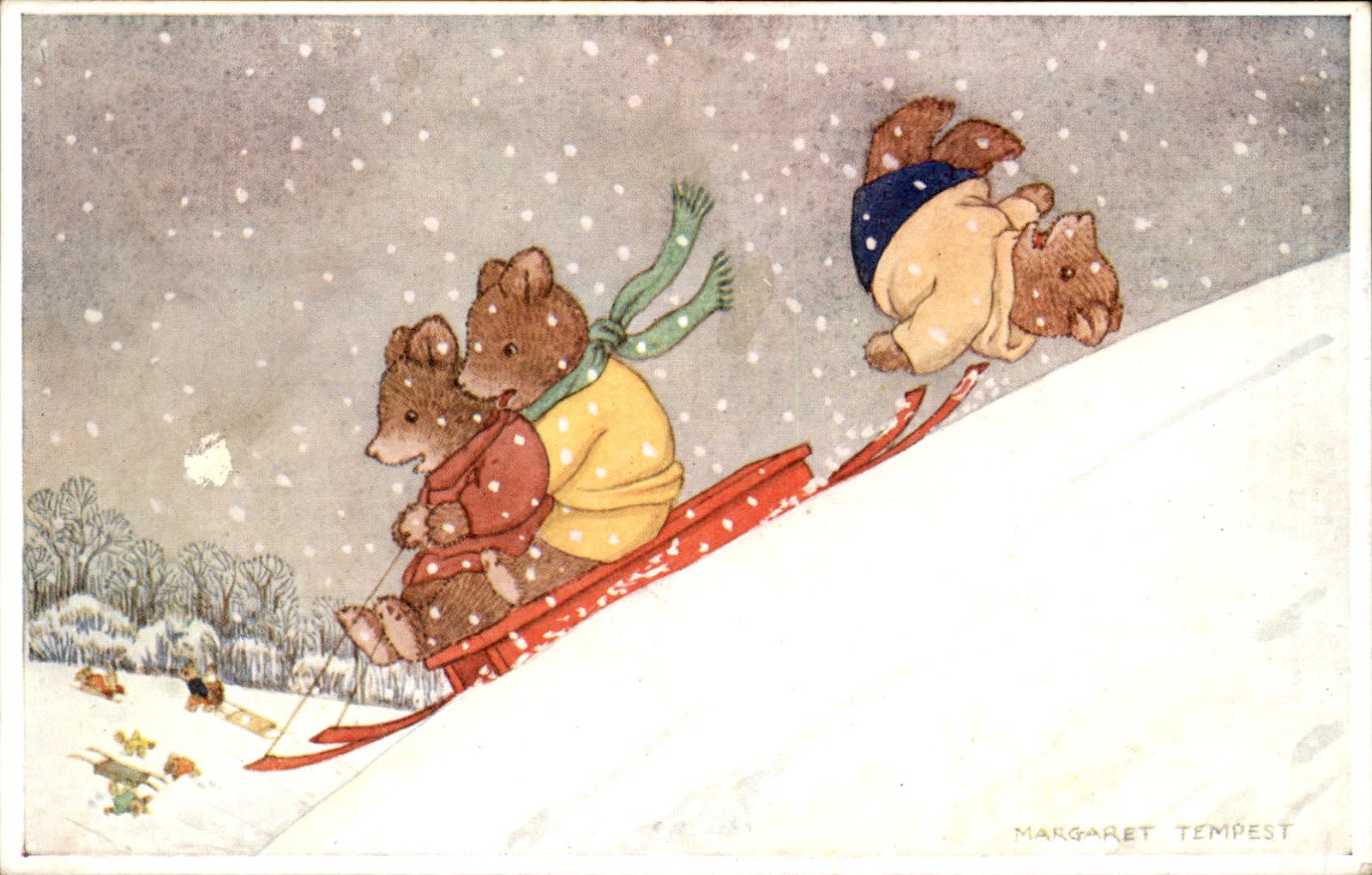 Sledding teddy bears Illustrated Margaret Tempest c1900s-20s Vintage Postcard
