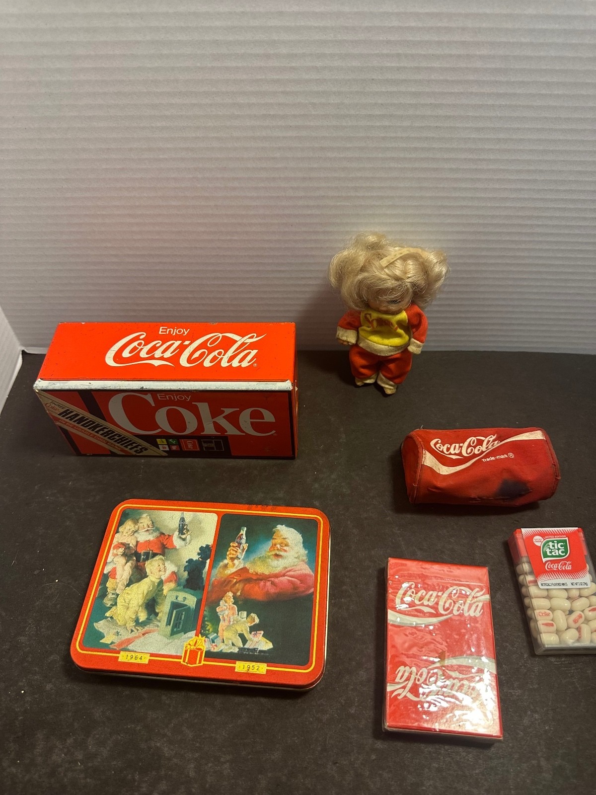 Coca Cola collectibles lot of 6 vintage cards doll bank Tic Tac keychain