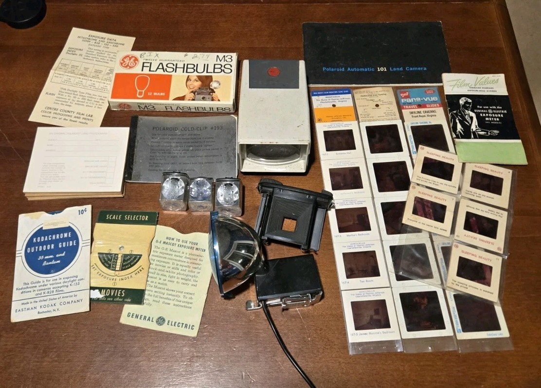 Misc Vintage Photography Lot - Slides Bulbs Tele-vue Pamphlets Etc