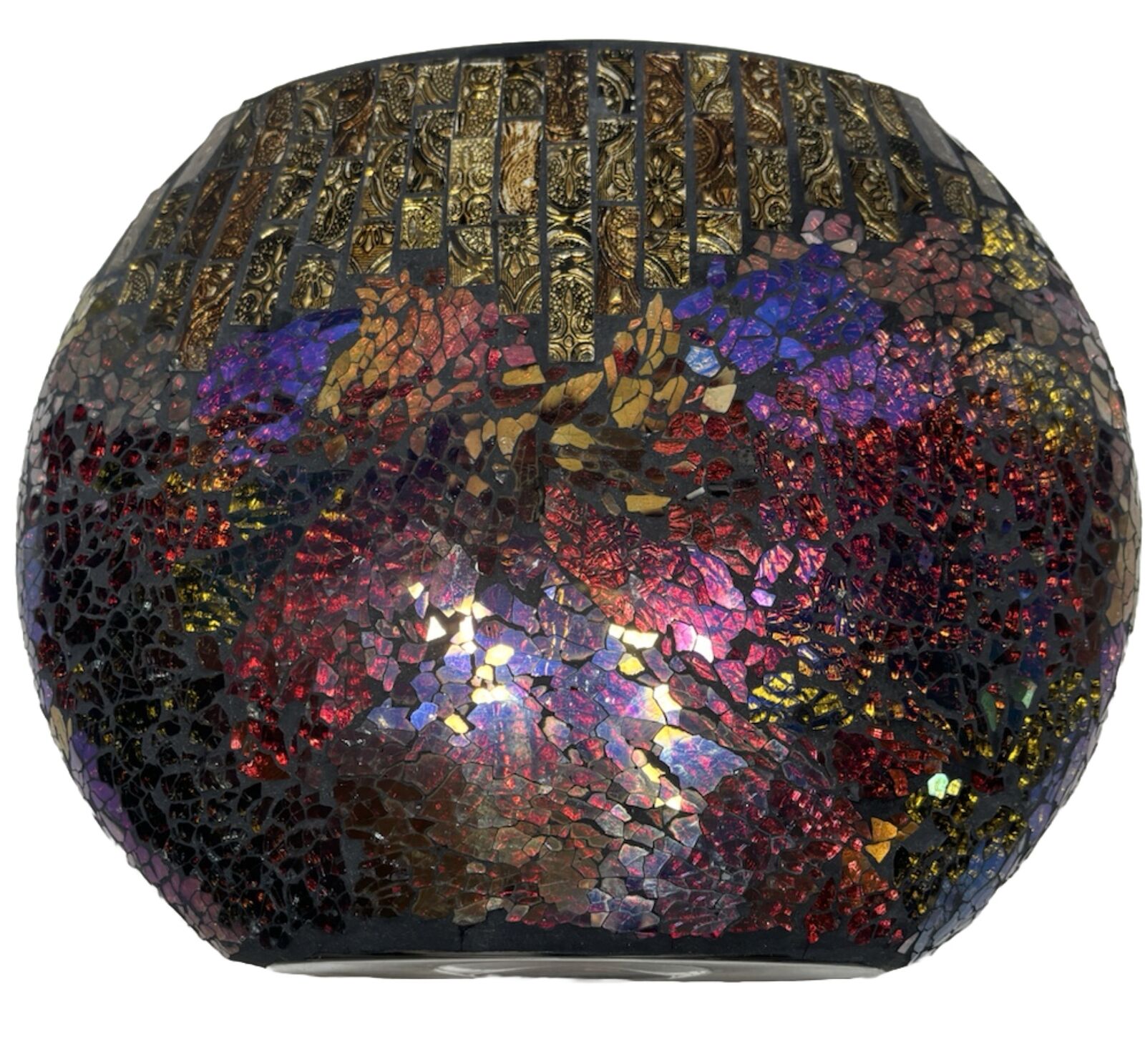 Gorgeous Mosaic Glass Vase 12”x9” With Gold, Blue, Purple, Red Orange Accents