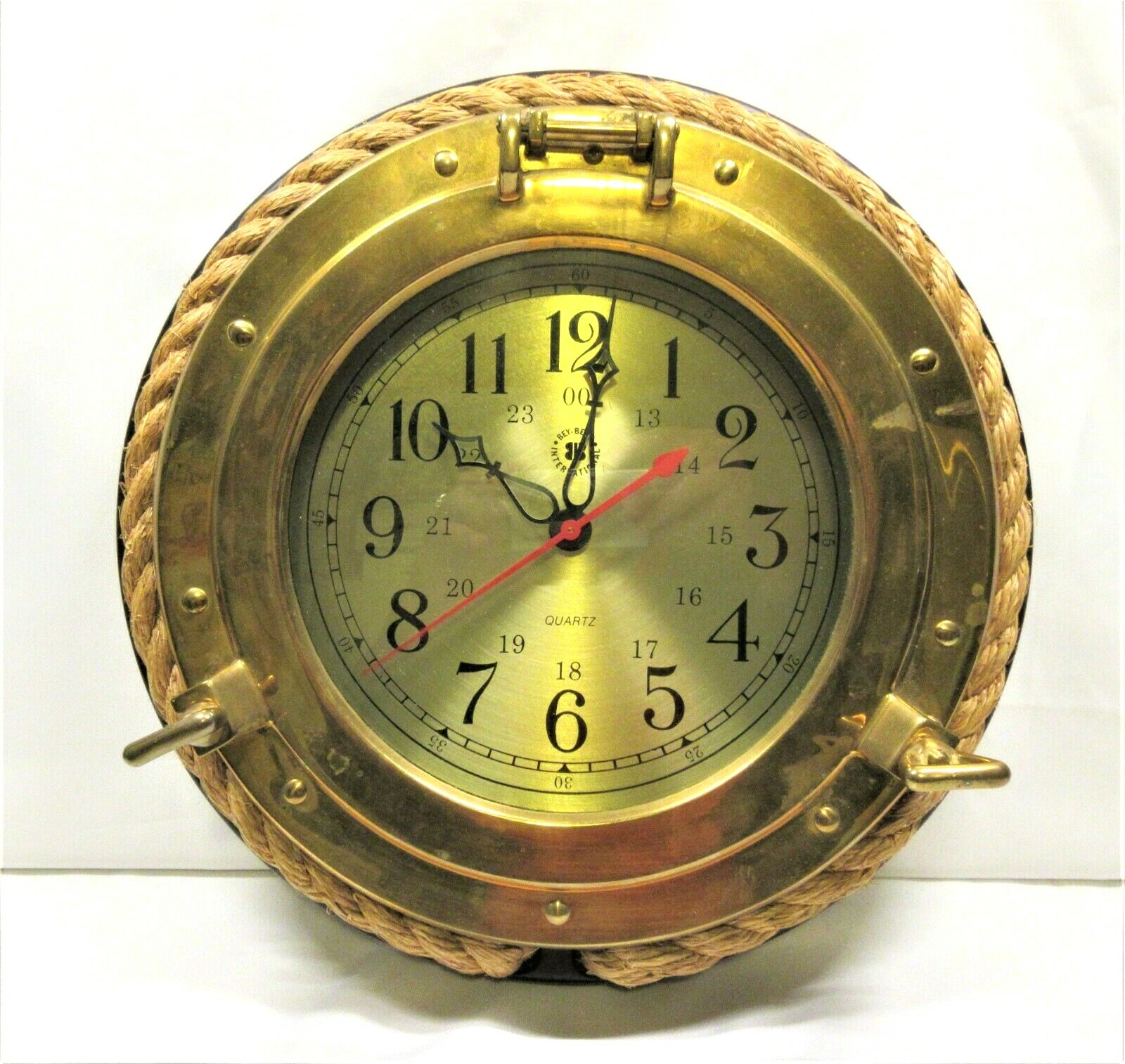 Vintage Bey-Berk International Nautical Brass Port Hole Quartz Clock Rope Trim