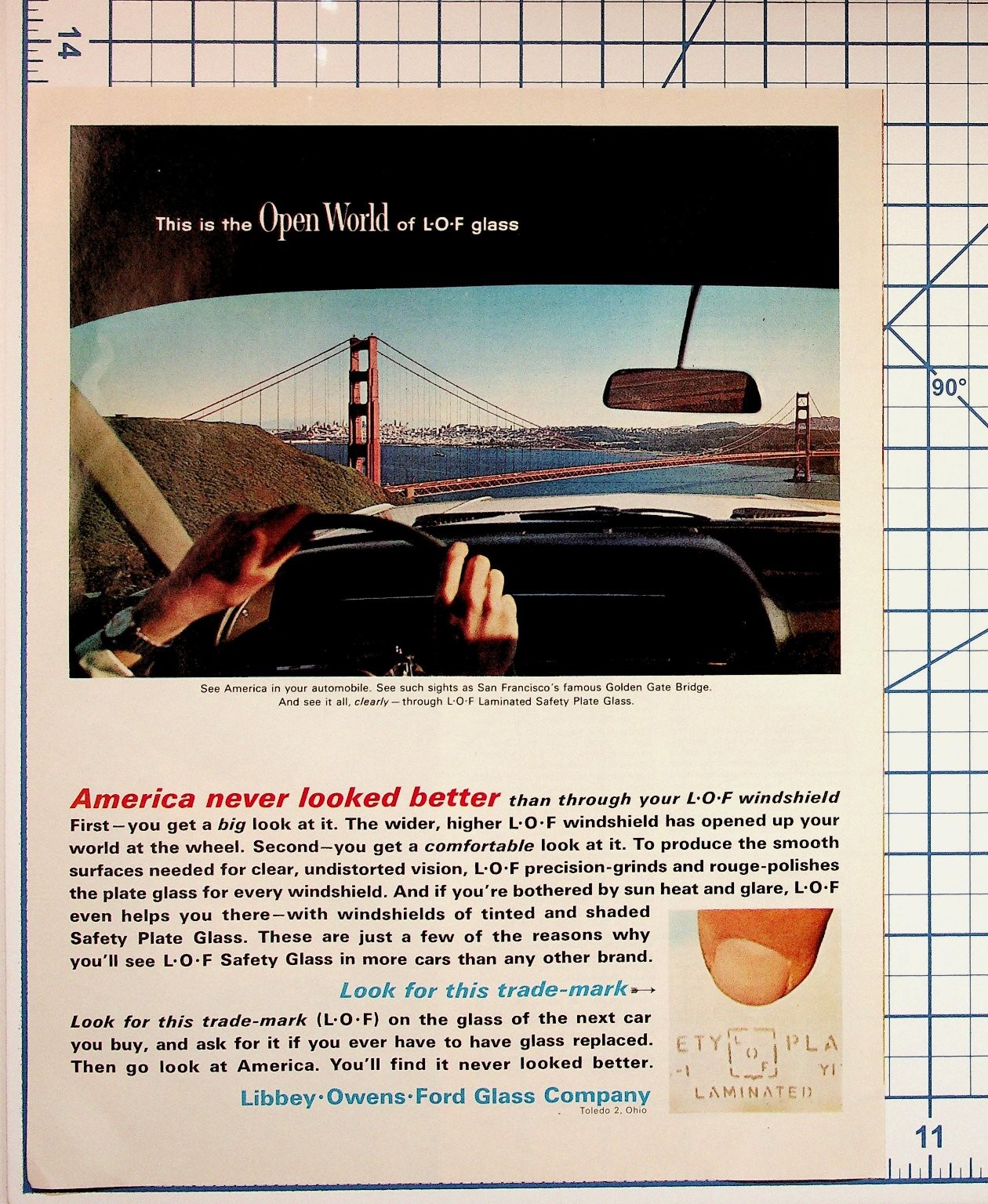 Vintage LOF Glass Windshield Ad Golden Gate Bridge Car Magazine Print