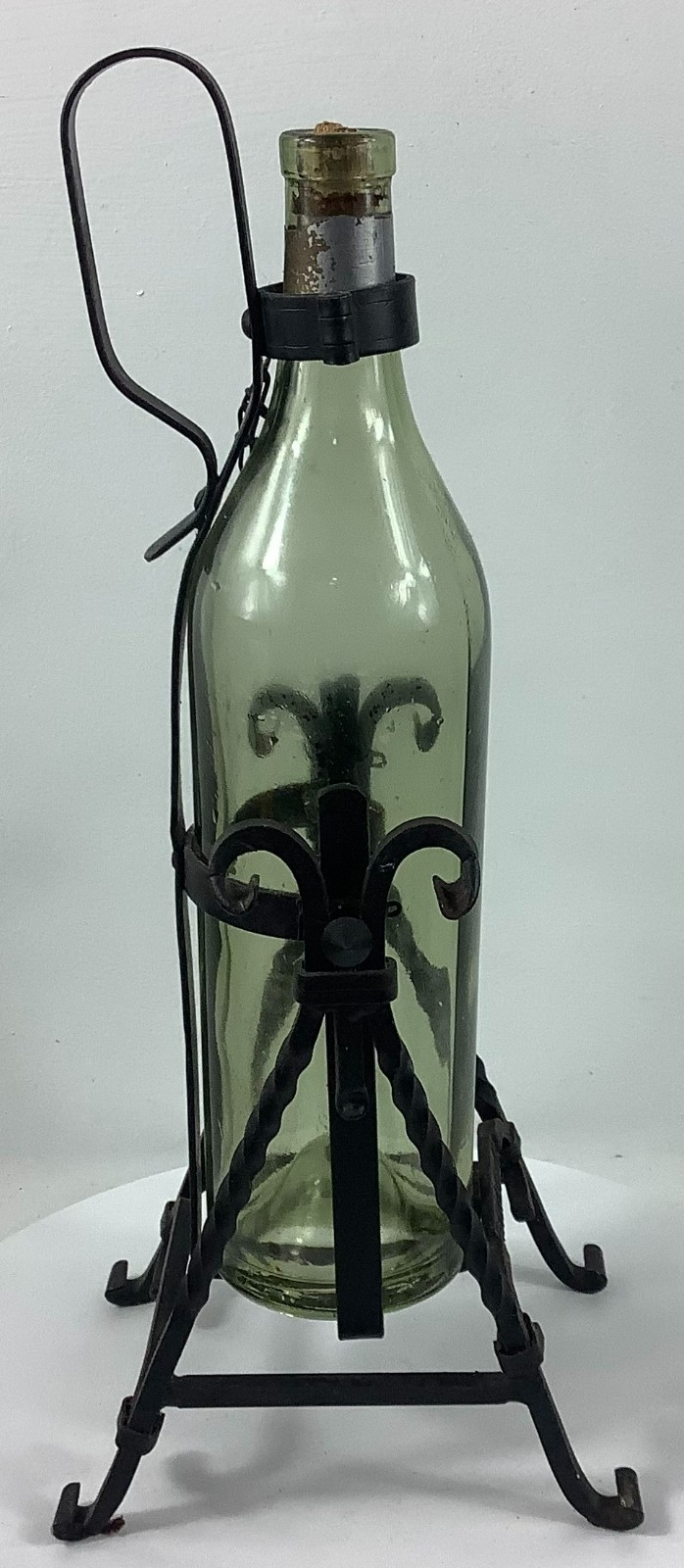 Vtg Asbach Uralt Empty Brandy Bottle & Wrought Iron Swinging Pour Cradle 14.5\