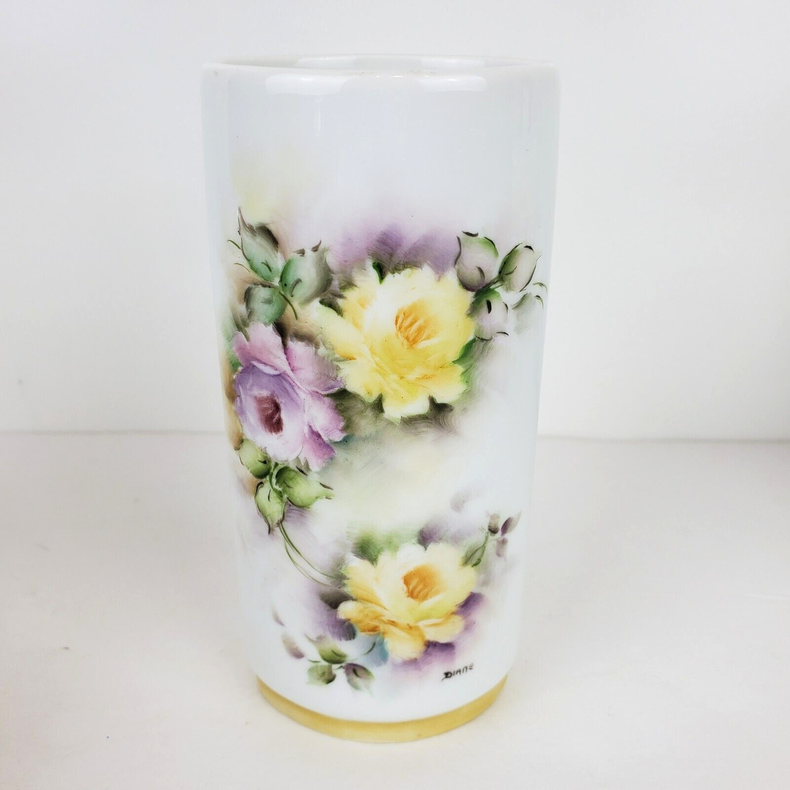Gerold Porzellan Bavaria Porcelain Mini Bud Vase Germany Purple Yellow Floral 5\