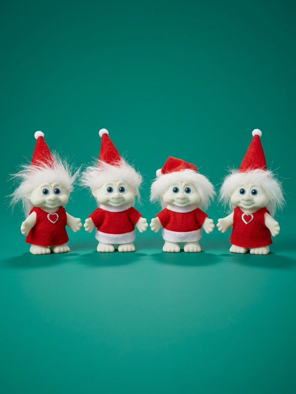 4-Pack Christmas Elf Troll Figurines Red/White Hats White Hair 3D Plastic/Fabric