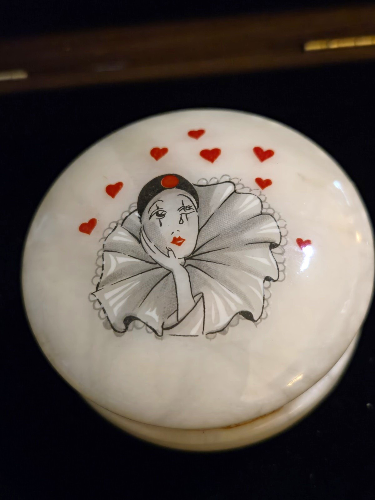 Genuine Alabaster Hand Carved Made in Italy Trinket Box w/ Clown Design Vintage