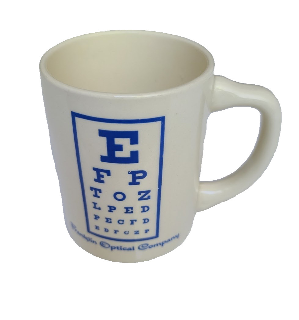Vtg 30s 40s FRANKLIN OPTICAL CO Coffee Shaving Mug Coffee Cup Eye   Exam Chart