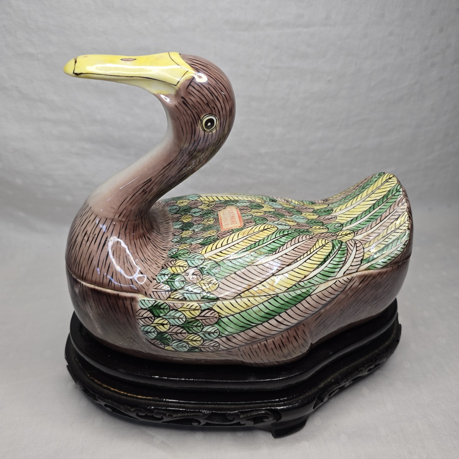Vintage Chinese Porcelain Duck Tureen Lidded Box Turquoise Wood Stand 10