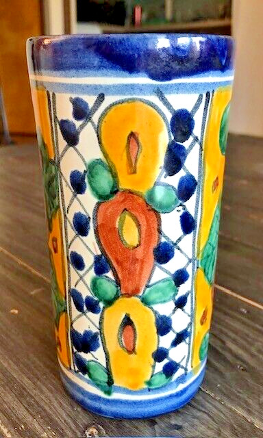 Vintage Hecho en Mexico Amora Talavera Pottery Hand Painted Ceramic Vase