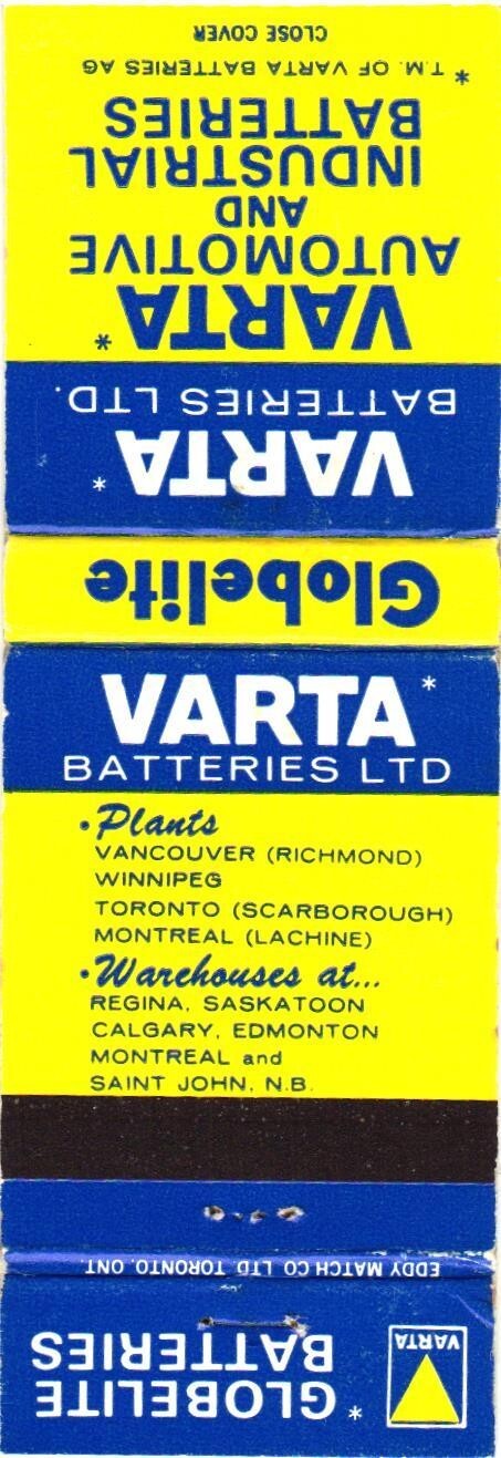 Varta Globelite Batteries Canada Vintage Matchbook Cover 1960s