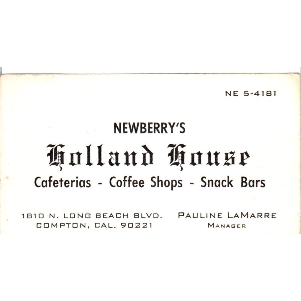 Newberry's Holland House Pauline LaMarre Compton CA Vintage Business Card SD8-B8