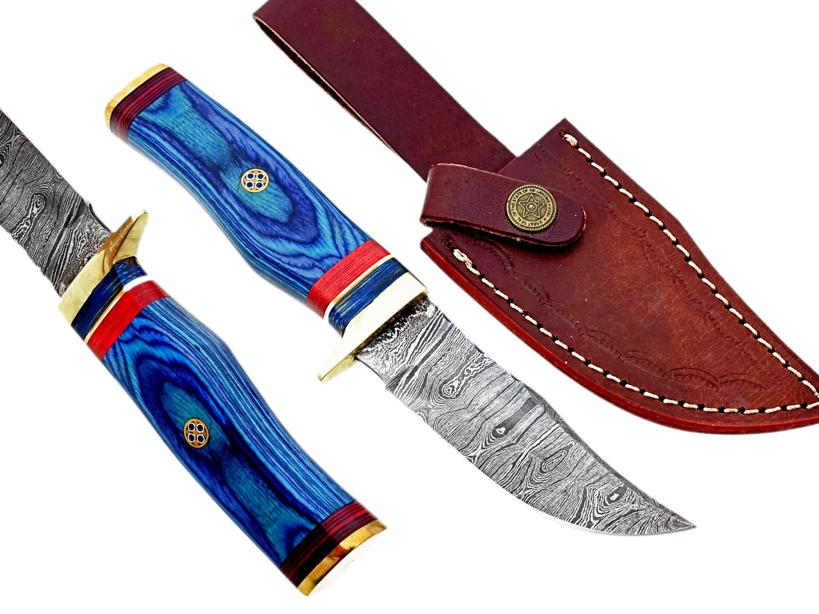 Custom Handmade Damascus Steel Bowie Hunting Knife Wood Handle Leather Sheath