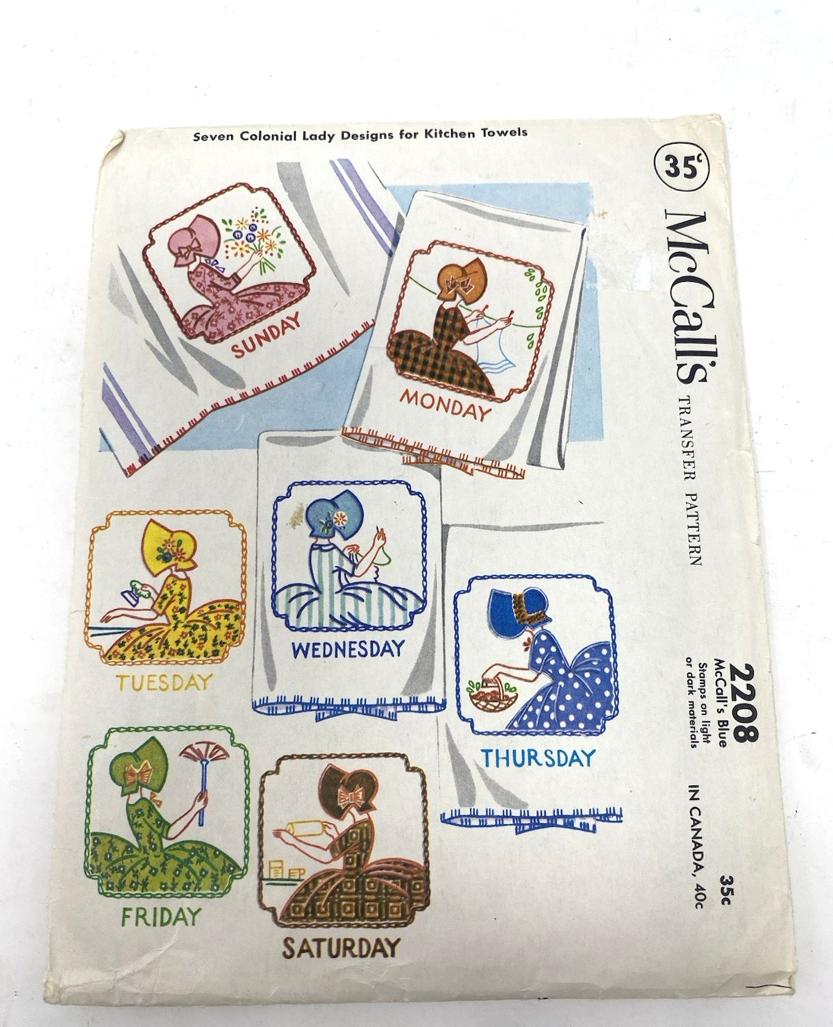 Vintage 1957 McCalls SEWING Pattern Embroidery Transfer Colonial Lady Towels NOS