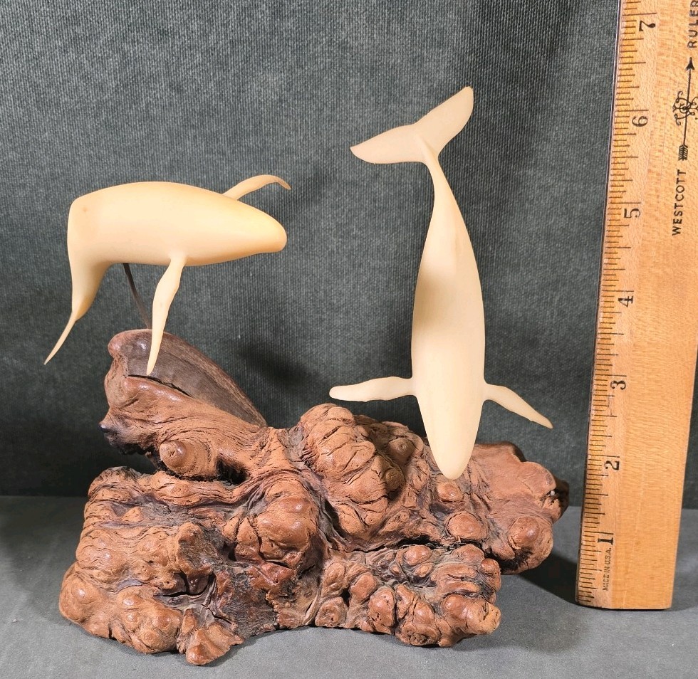 VTG John Perry Humpback Whale Mother & Calf Burl Wood Sculpture Signed 1977 6\