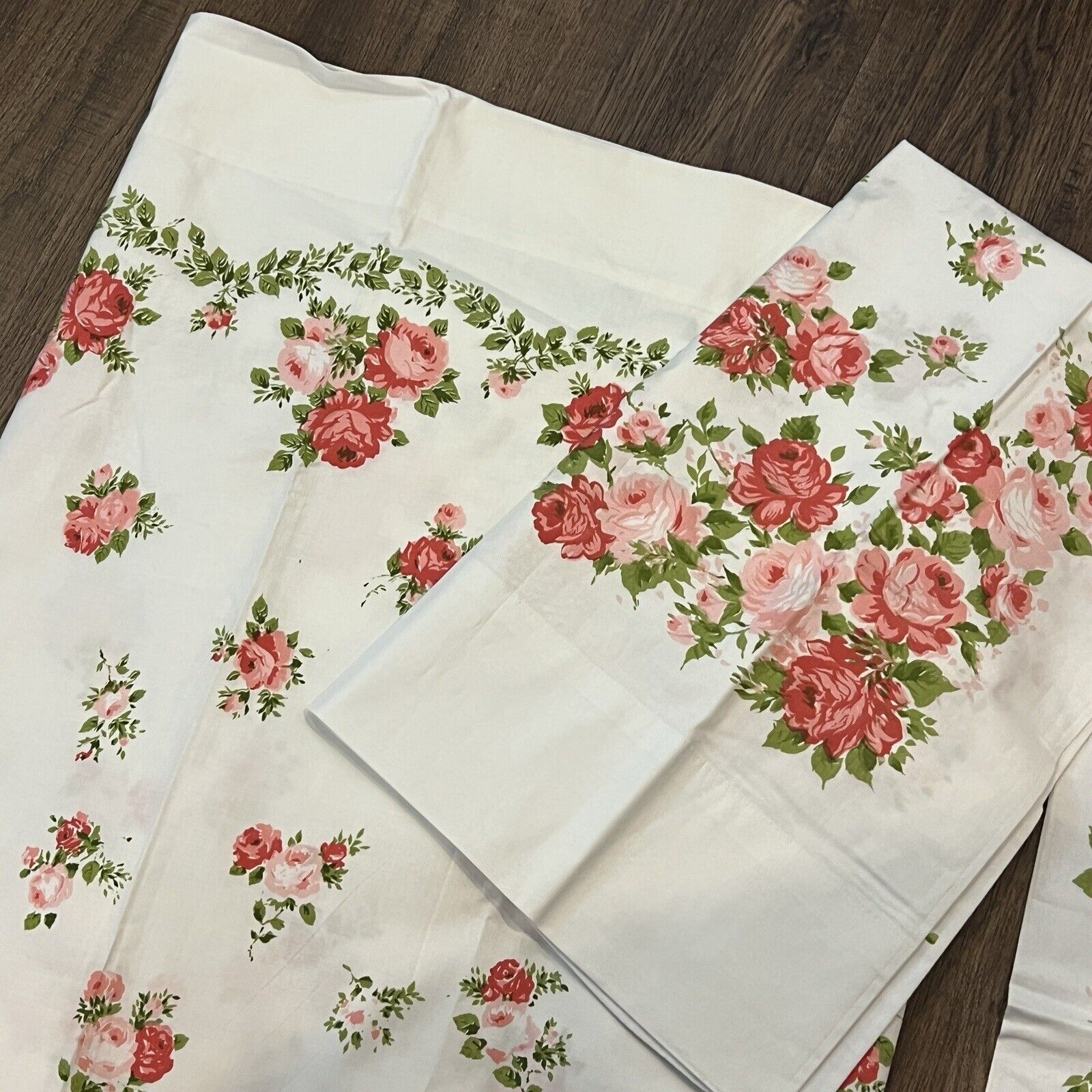 Vtg Lady Pepperell Floral Pink Roses Full Flat Sheet Set 2 Pillowcases Percale