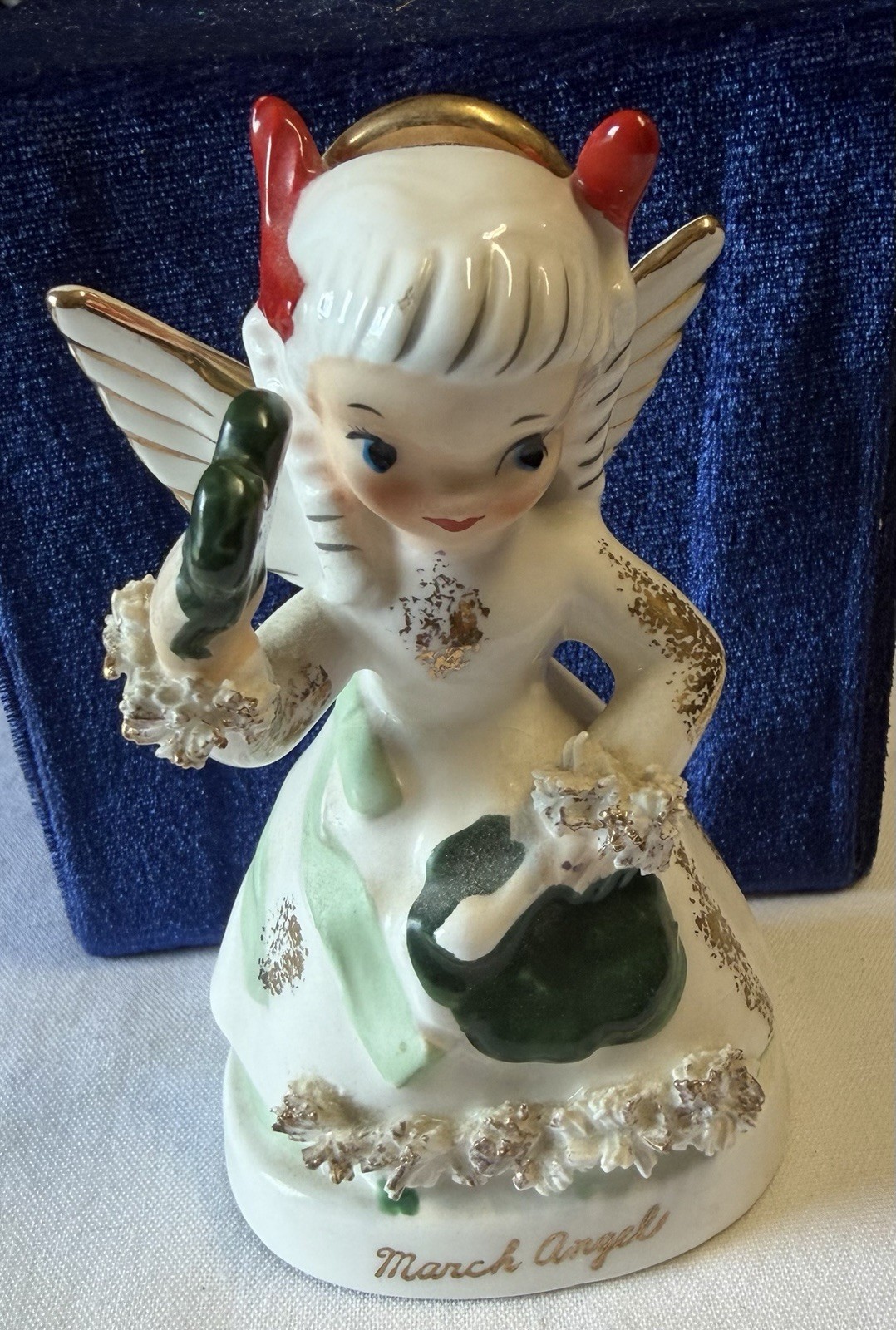 Vintage Napco March Birthday Girl Angel Shamrock Spaghetti St Patrick Figurine