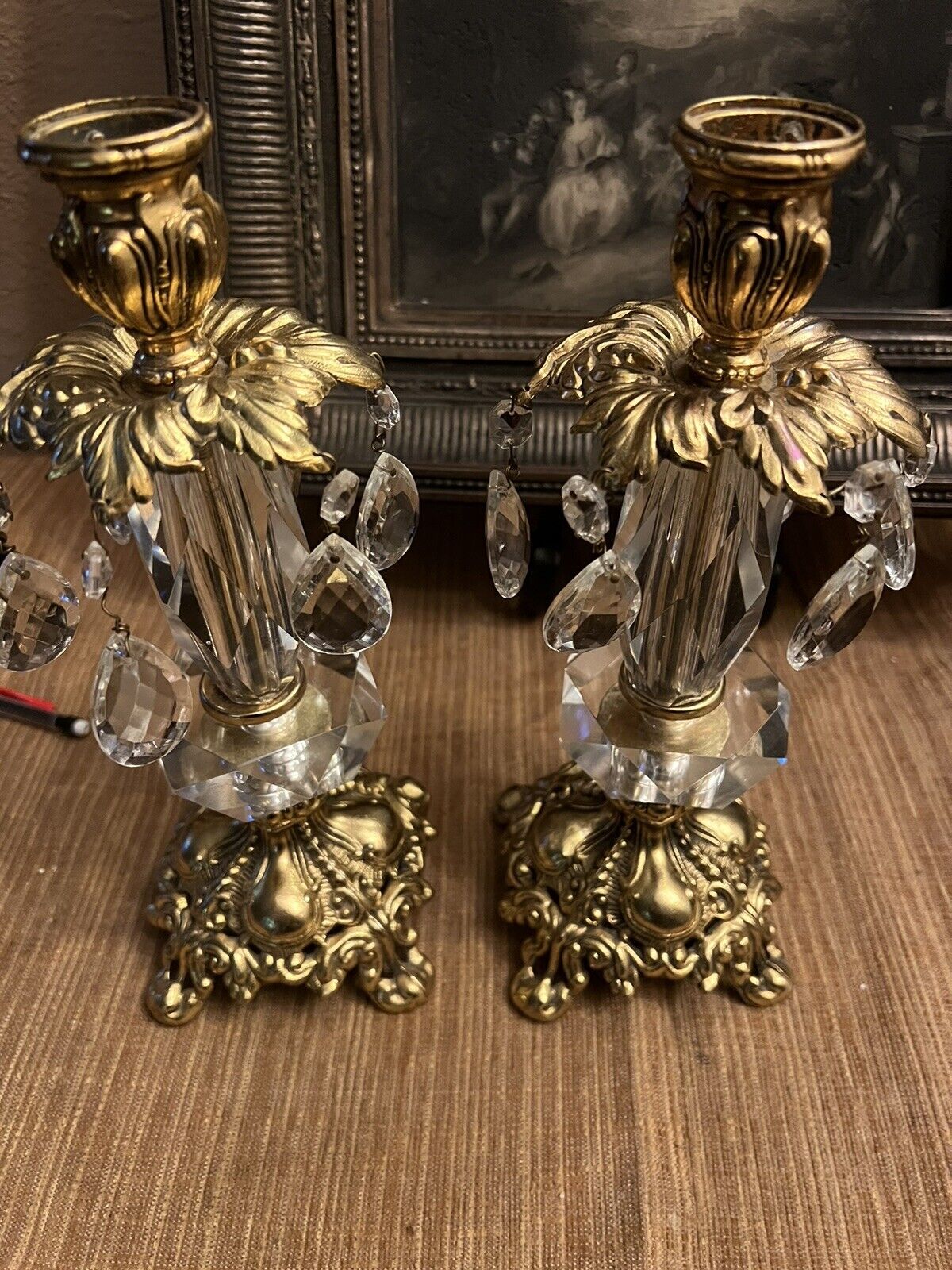 Pair Antique Hollywood Regency Style Ornate Gold cast metal Candlestick Holders