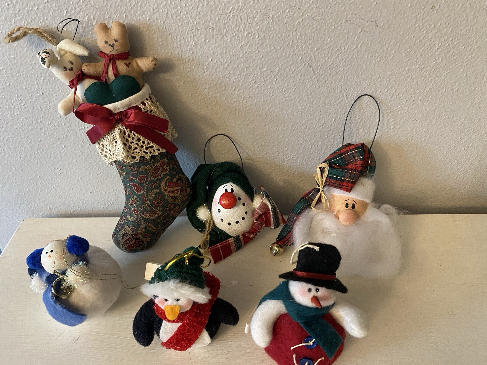 Lot 6 VTG Christmas Ornaments Ganz, More Santa, Snowmen, Penguin, Teddy Bear