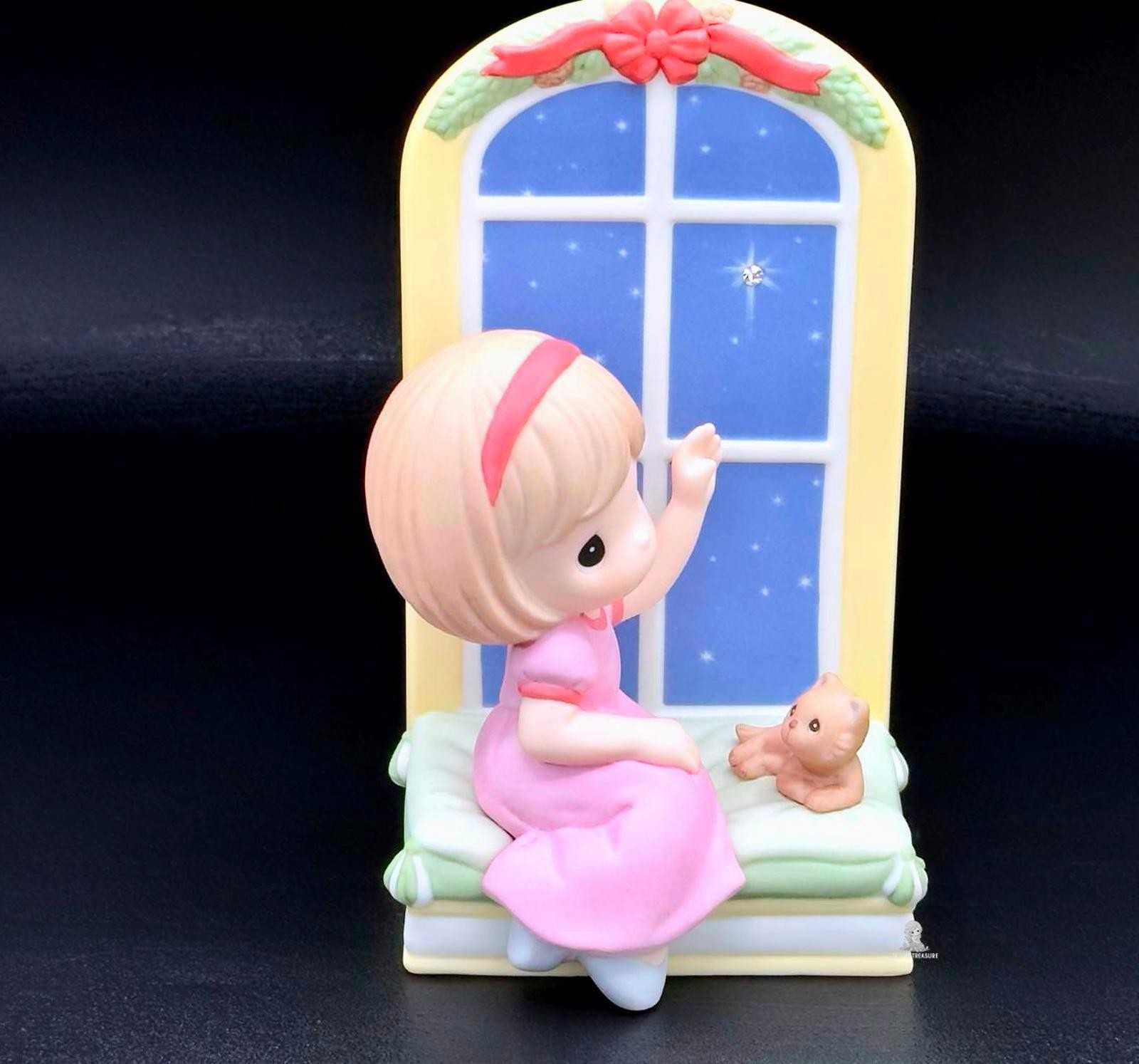 Precious Moments Girl at Window with Kitten Christmas Wish Figurine Star Gazing