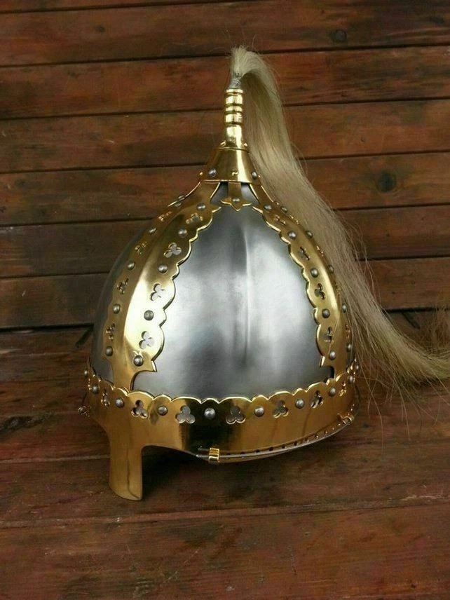Handcrafted Medieval Slavic Spangenhelm Helmet Solid Steel & Brass With Plume