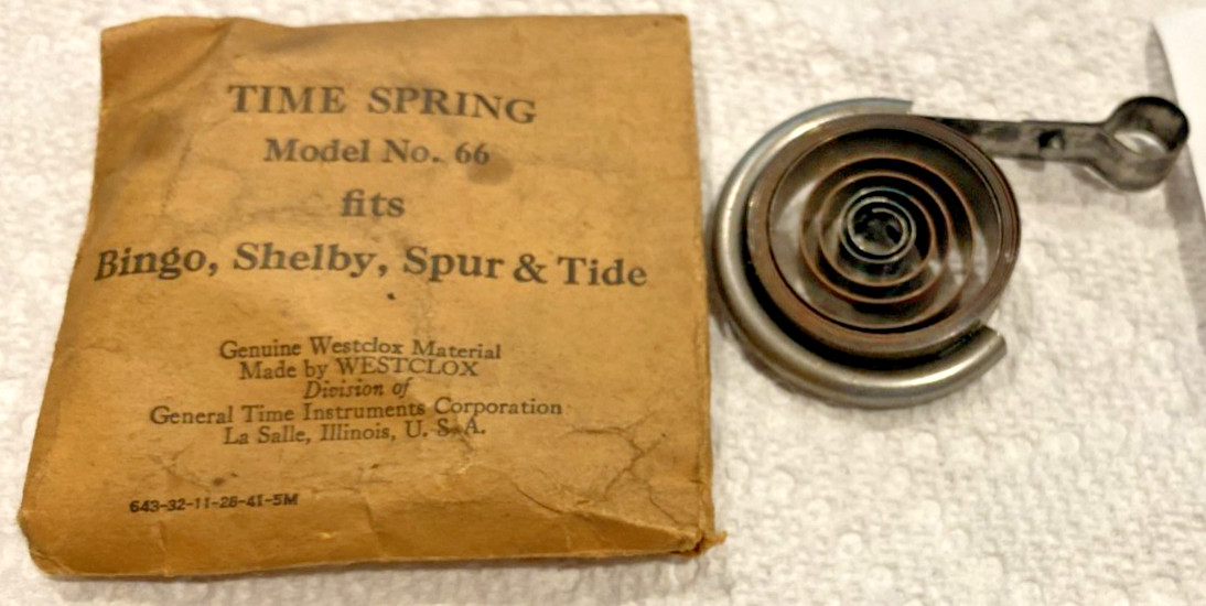 Westclox Time Spring Model No.66 Fits Bingo,Shelby, Spur & Tide Lot #3 NOS Westclox Time Spring Model No.66 Fits Bingo,Shelby, Spur & Tide Lot #3 NOS