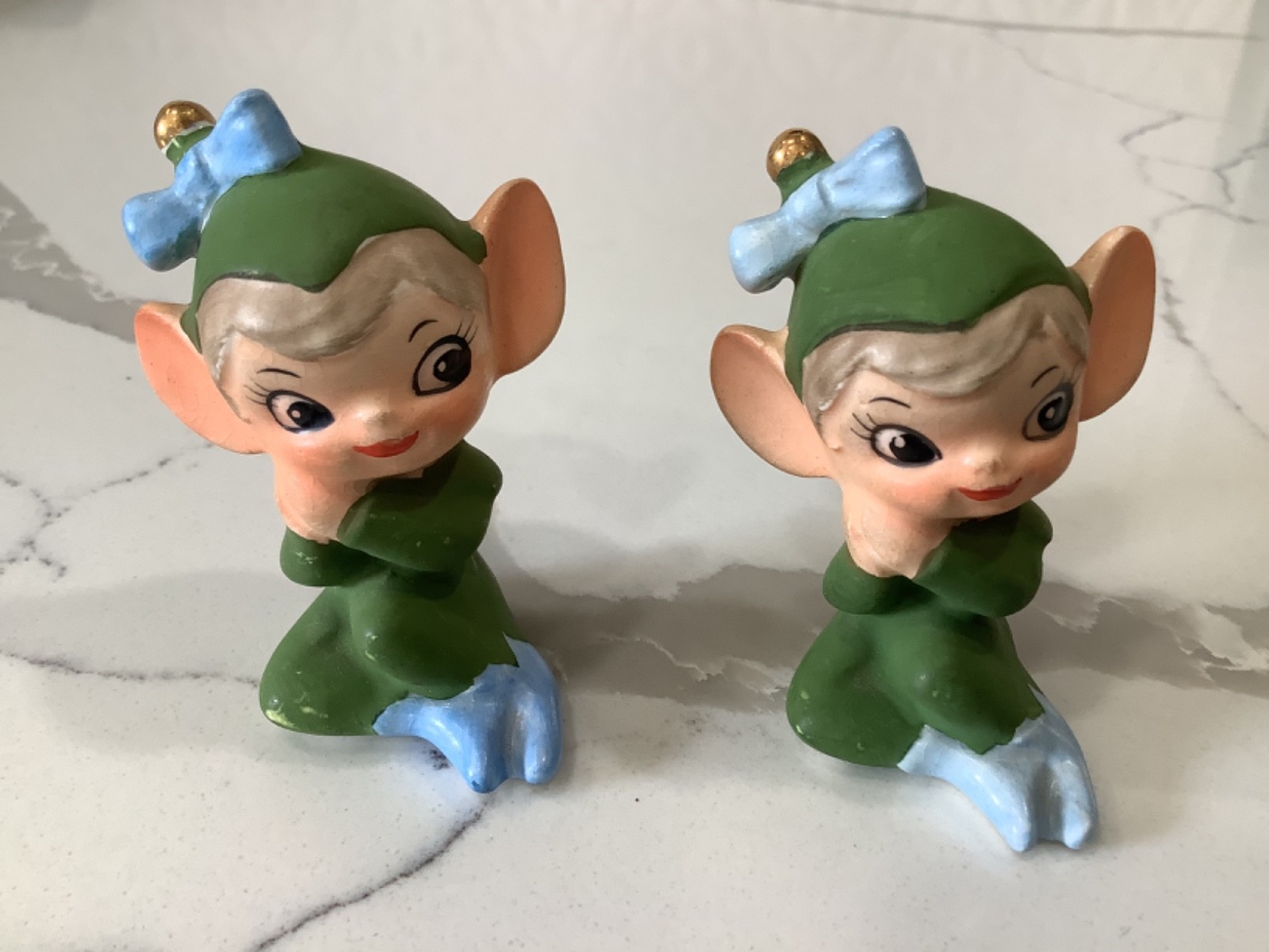 Vintage Napco Ware C7360 Japan Porcelain Big Eyes Pixie Elves w/ Blue Bows