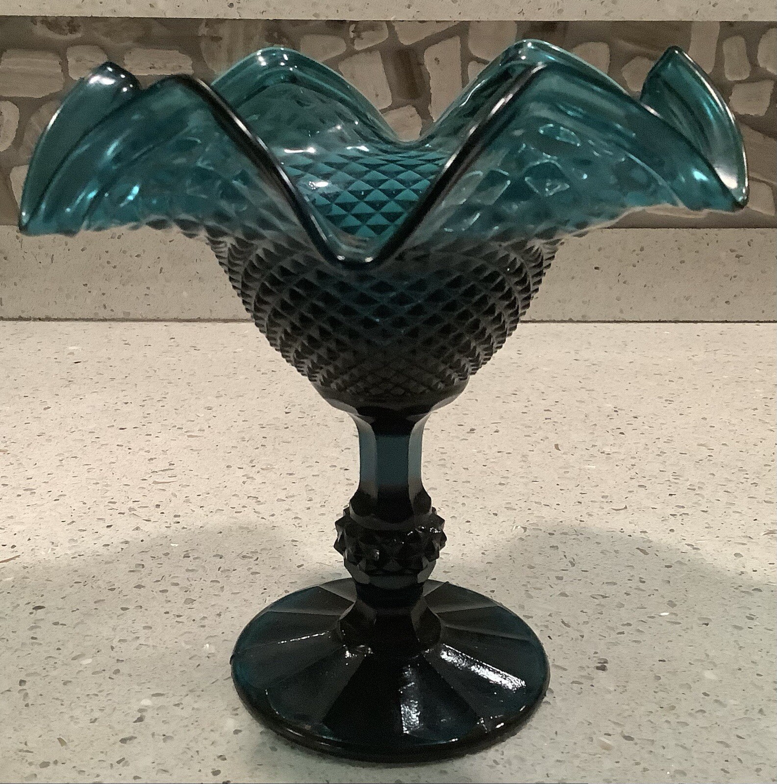 Vintage 60’s Teal Diamond Point Glass Pedestal Dish With Ruffled Rim