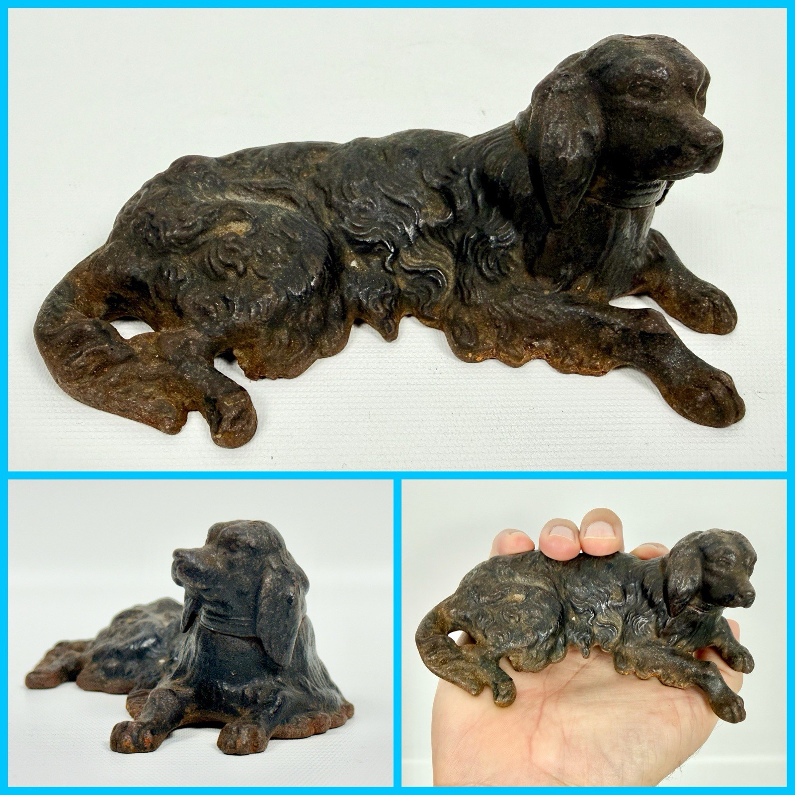 Antique Early 1900s Cast Iron Reclining COCKER SPANIEL Dog Statue Paperweight
