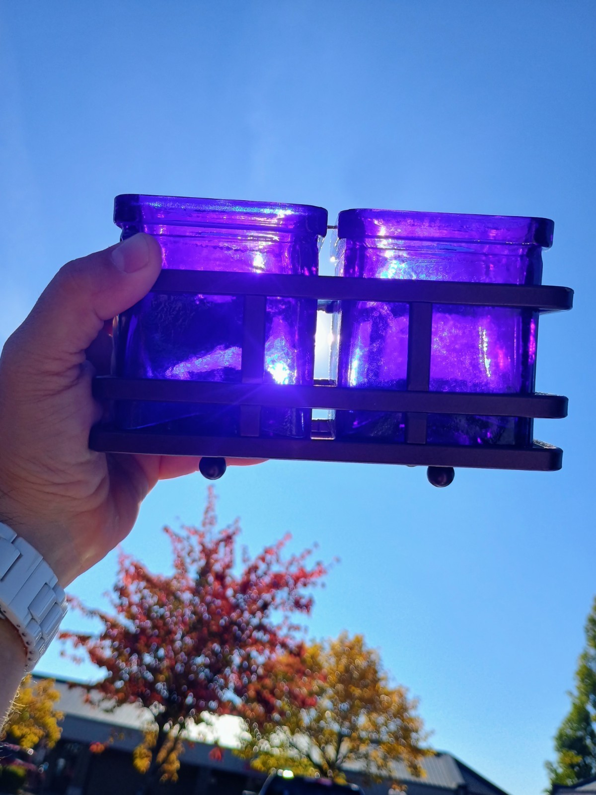 Vtg Cobalt Blue Glass Square Votive Candle Holder Set Cube Planter Metal Frame 